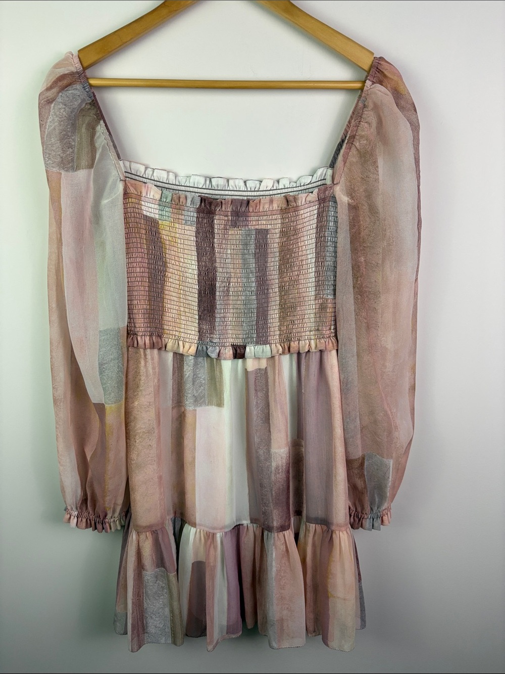 Aritzia Smocked Patchwork Mini Dress — Mauve & Blush Tones size S - Picture 8 of 14